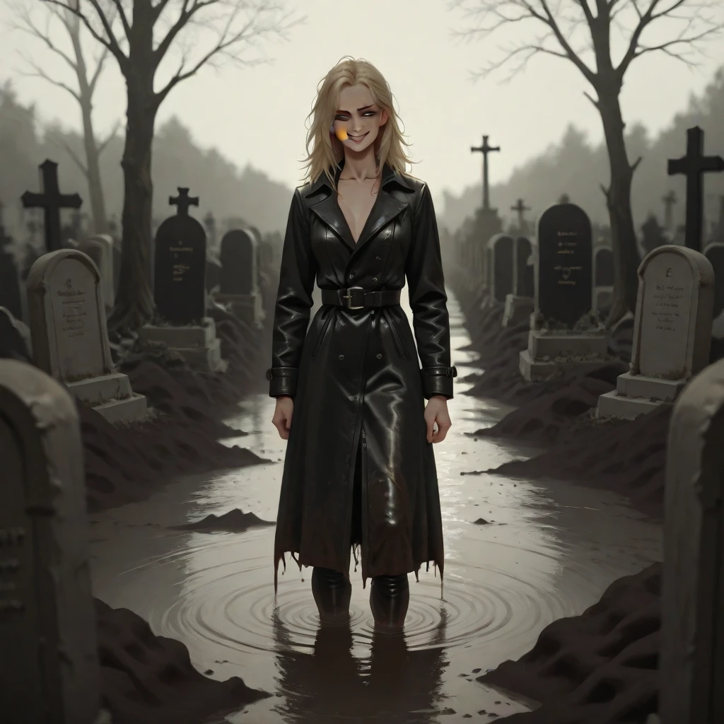 haunting, crazed infected human, Dark Skin, Blonde with shoulder-length hair, light pink gloss lipstick, vintage suit with claw marks, bloodstained shirt, and a wide-brimmed hat, with a geyser in the background, <lora:epiNoiseoffset_v2Pynoise:2>