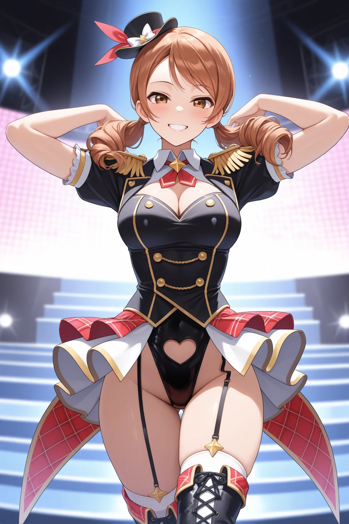 AMARIAKARI, BROWN HAIR, TWO-TONE HAIR, RED HAIR, MINI CROWN, JEWELRY, SIDE PONYTAIL, STREAKED HAIR, SHORT HAIR, RED EYES, , large breasts,, Live Stage, solo .nsfw