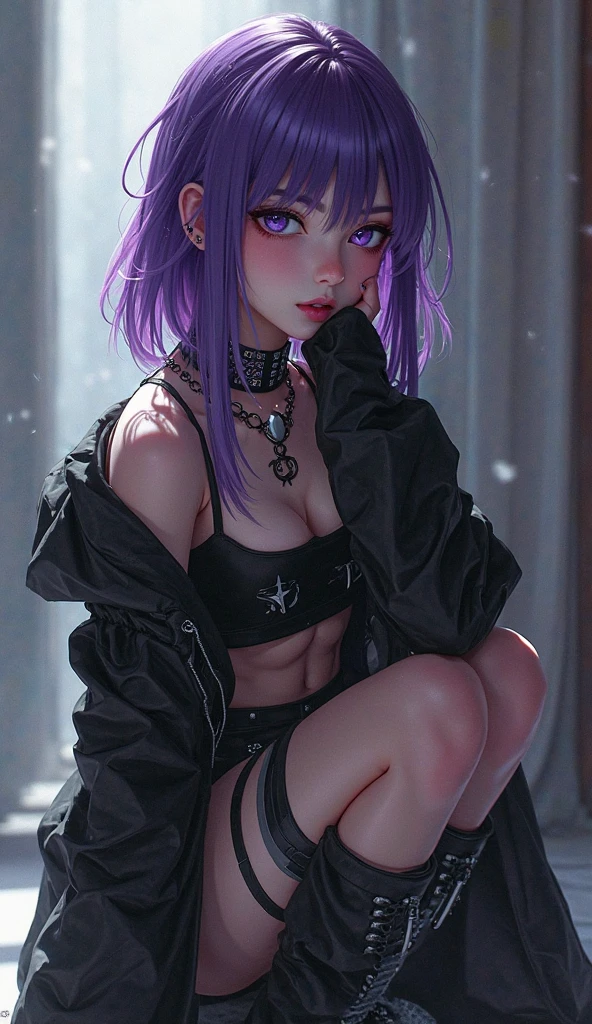 Small Petite body, (Goth), Marta Gromova (Ukrainian Model), short hair, purple hair with red highlights, two small black devil horns in her head, cute petite face, beautiful, tiny tits, wearing panties and a t-shirt, sexy pose, slutry smile face, lying on a couch, in a modern room, at night