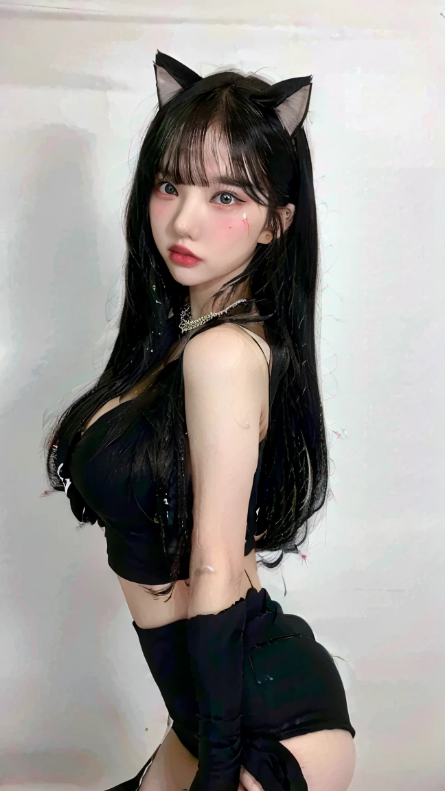 hello kitty, black curly hair, eyes black, bangss, fully body
