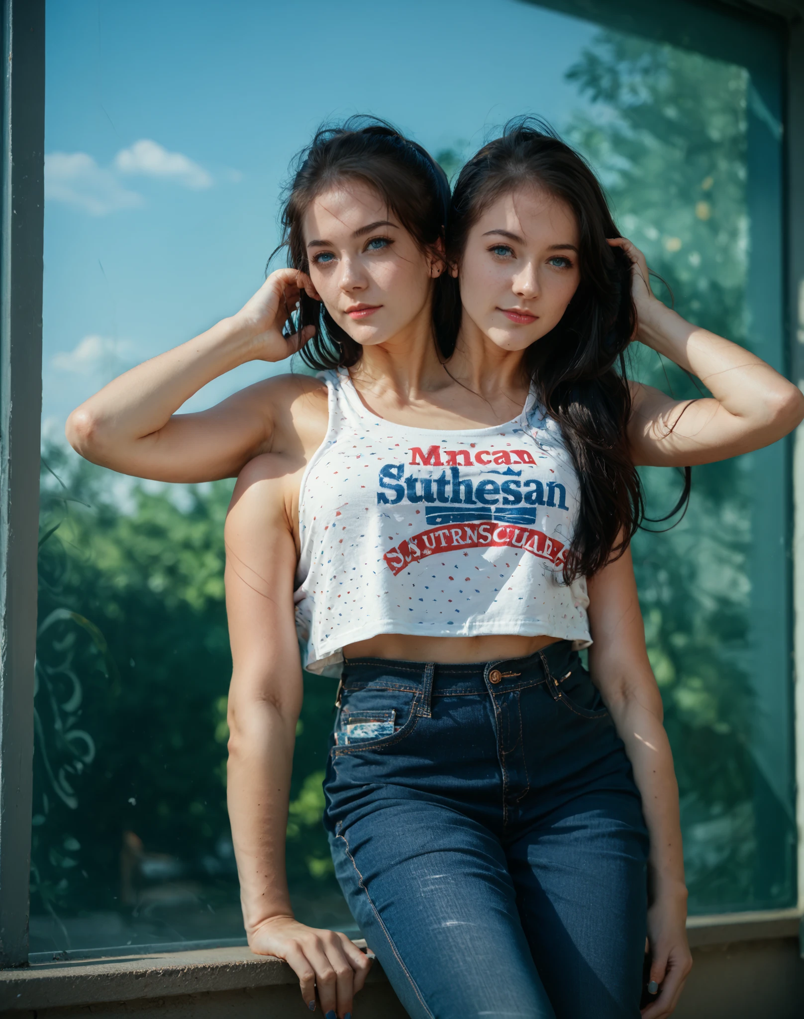 best resolution,full body, american high school student with two heads, blue eyes, short hair, long hair, straight hair, hair down, graphic tanktop, four arms, jeans