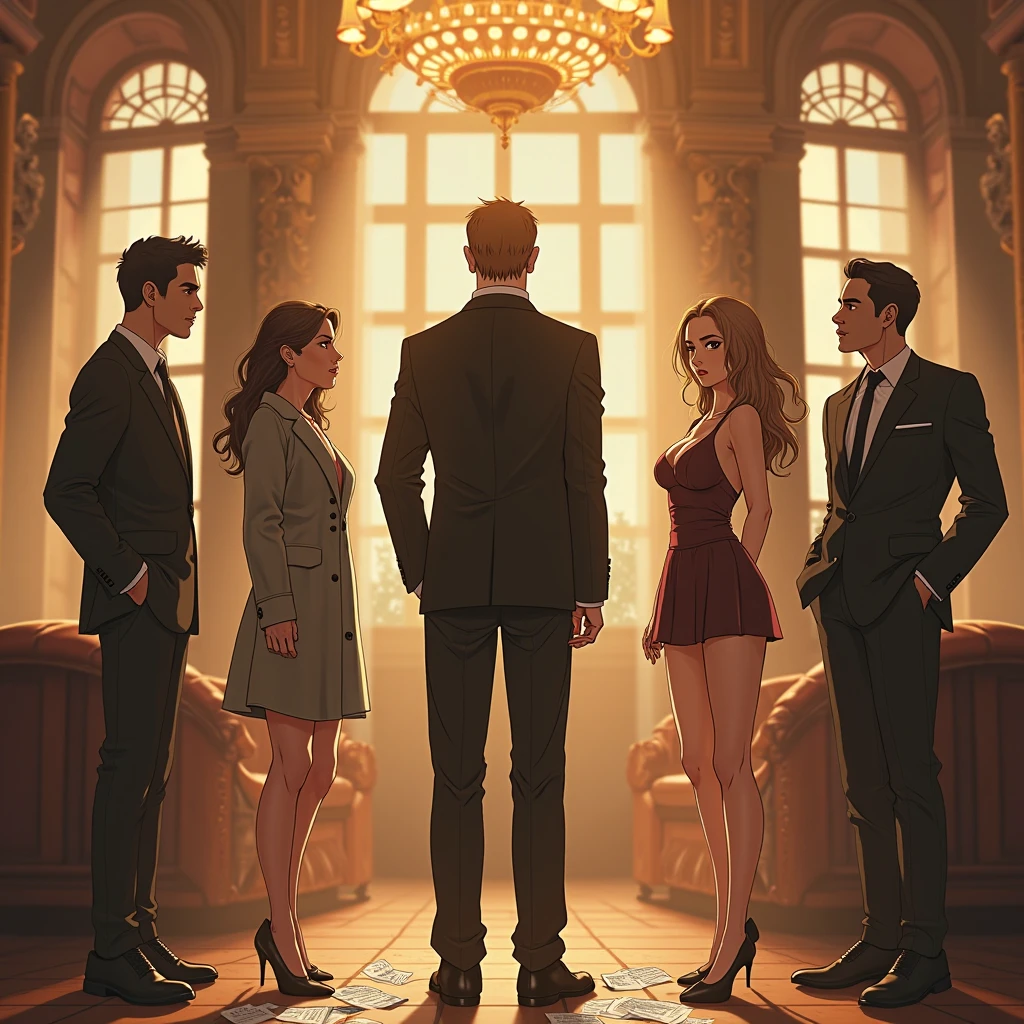 there are two men standing next to a woman in a room, female thief, in an elevator, stylized fantasy artwork, bank robbery, digitally painted, stylized digital illustration, drawn in a neo - noir style, so i advised her to get in line, young blonde boy fantasy thief, comic digital art, in style of digital painting, sultry digital painting