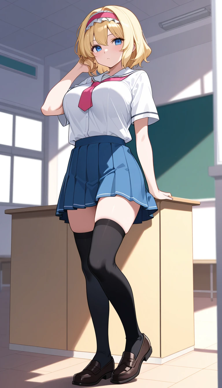 Comical movement、Teasing Smile、Shynesischief、Expectations、surprise、Shyness、School、classroom、pretty girl , Shooting from below, One Girl, Brown Hair、Very short hairstyle, Brown eyes、Red frame glasses、Short sleeve white blouse, Navy Blue Skirt, Navy blue socks, Brown Loafers、in nichijo style、Simple illustration、Masterpiece