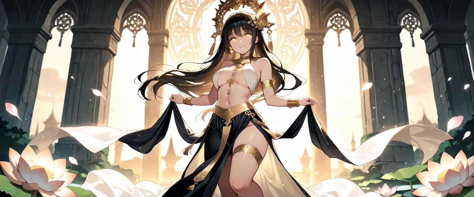 masterpiece, highlydetailed, ultra-detailed, solo, (1girl), (light skin), white eyes, long hair, dark brown hair, black cat tail, white cat ears, Anubis girl, small boobs, (Arabian background), (desert), (Arabian clothes), (warm smile), (veil), (shawl), (headpiece), (jewelry), (princess), polite, short, young, priestess, shy, tample
