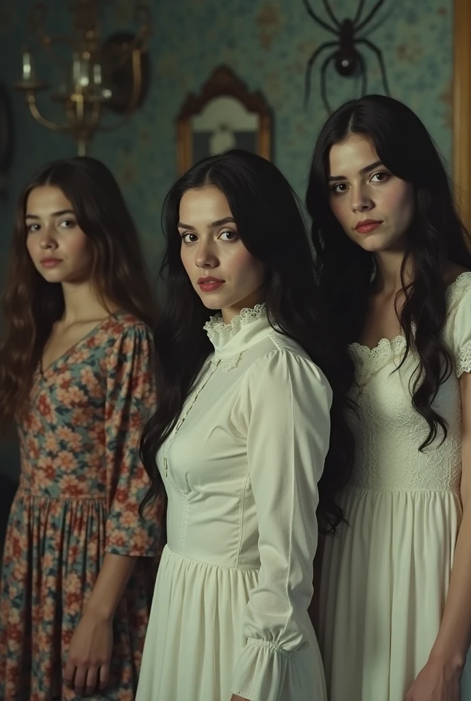 GIRLS VAMPIRE CHILDREN, RED EYES. AND LONG DARK HAIR, red background.