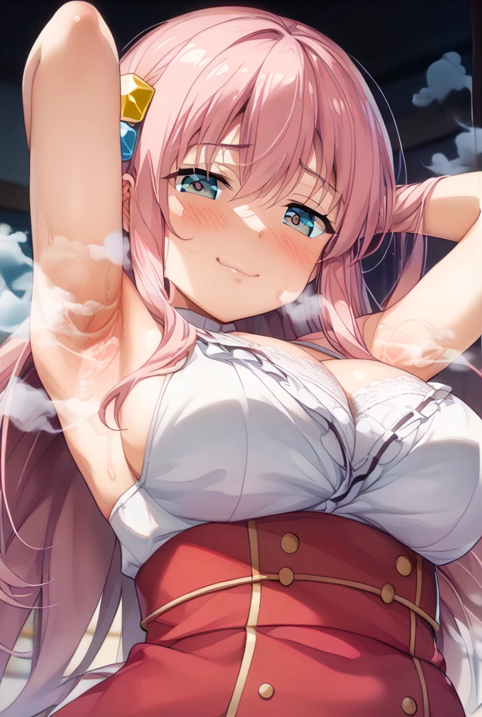 surcouf, one-piece swimsuit, one side up, 1girl, breasts, solo, fang, huge breasts, smile, open mouth, looking at viewer, day, outdoors, beach, blush, sky, :d, blue sky, skin fang, ocean, skindentation,, leaning forward, cowboy shot, wet, cloud, <lora:AzurLaneSurcoufV1:0.85>,