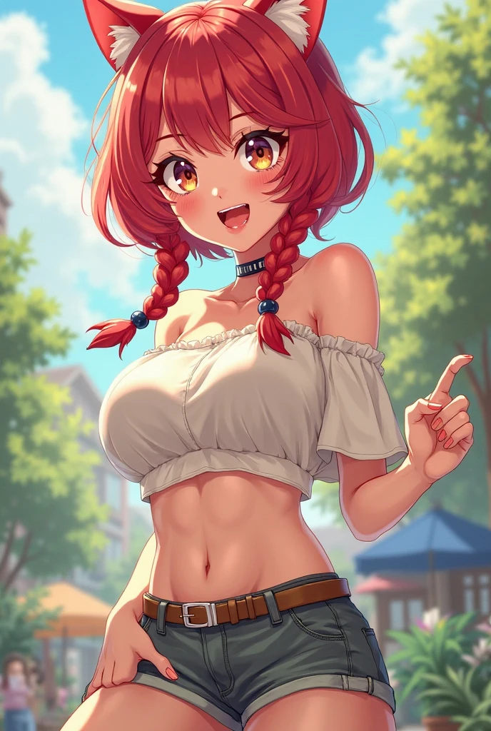 ((masterpiece, highest quality:1.3)),cowboy shot,25 year old beauty,solo,((very small head)),red hair,ponytail hair,long hair,red eyes,blunt,skinny,medium breasts,((long body)),slender body,skinny,shiny skin,oily skin,blush,A strong smile、White off-the-shoulder blouse、Crop top、navel、Short sleeve、Brown Leather Gauntlets、Pleated red mini skirt、white_thighhighs、grassland、Blue Sky、