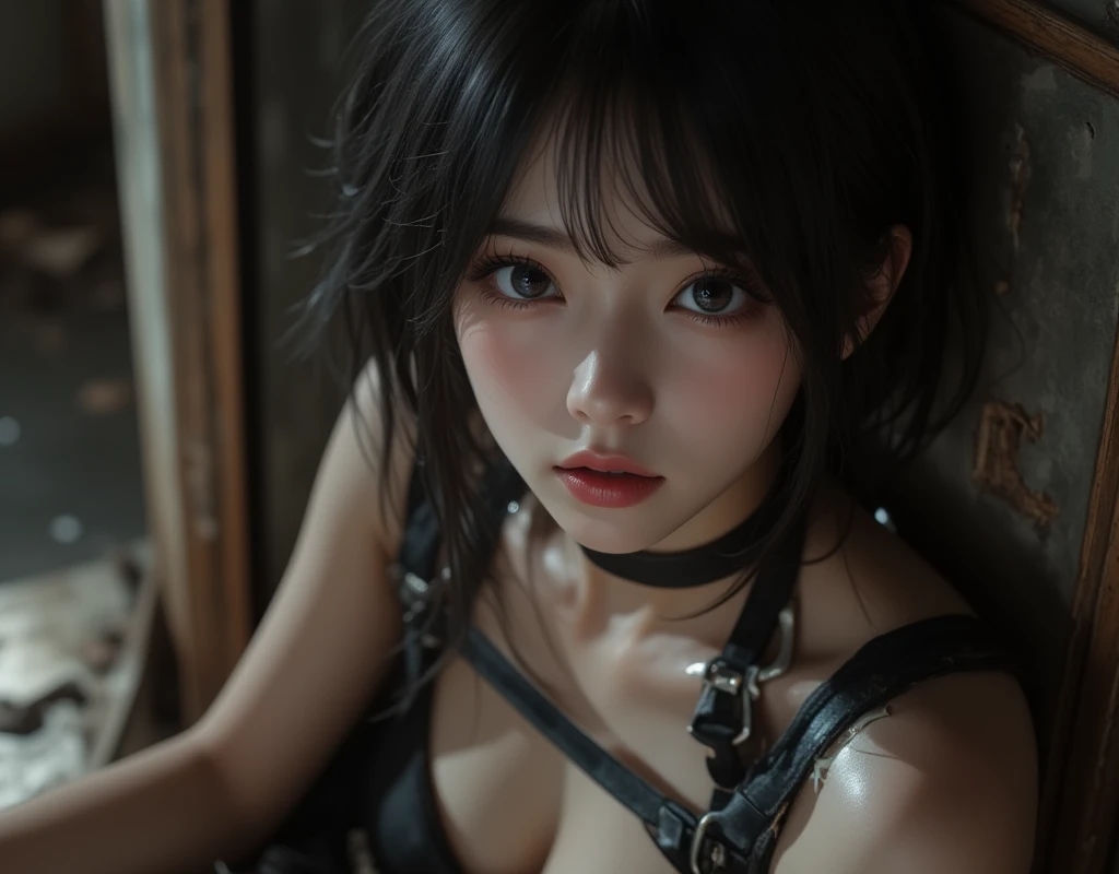 8K, Imagem RAW, gothic young woman, Asian, close up, realisic skin, realistic hair, realistic hands, realistic legs, realistic feet, lifelike face, photoshotrrealista, cinematic, whole body, legging, bra, high waist leggings, photoshot,
