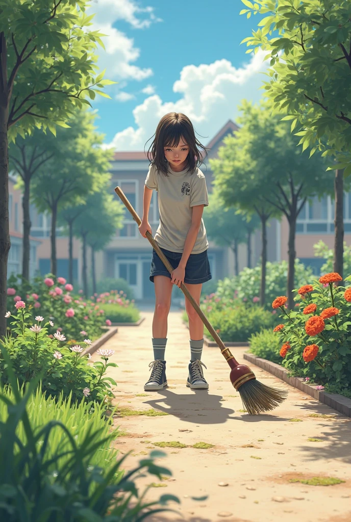 masterpiece, realistic, natural color, ultra details, full color, shallow depth of field, hd, (8k, RAW photo:1,2), hq, out door, holding a hoe, young woman, hate face, sleepy eyes, sunny, bright location