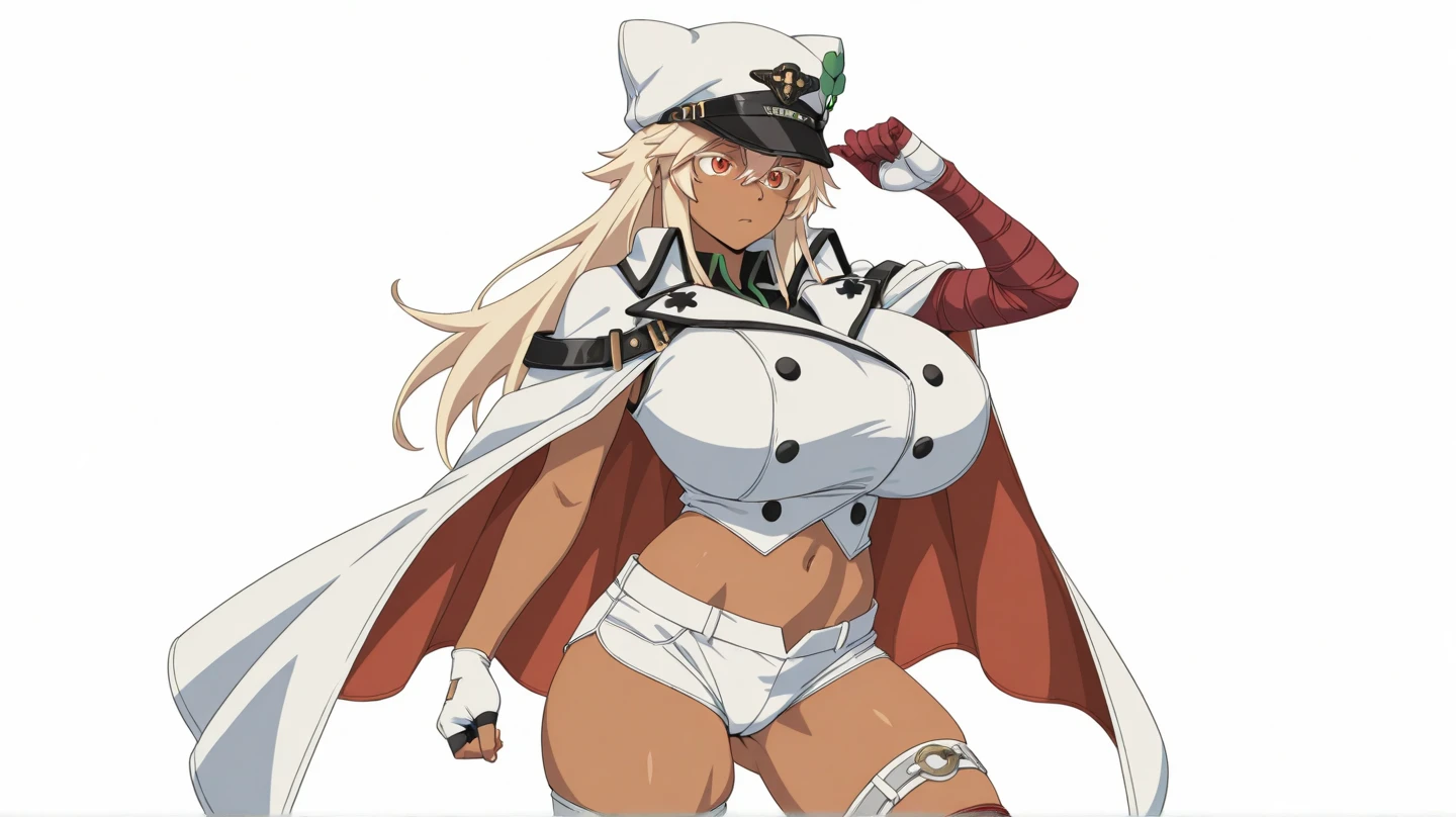 (((Plain background 1:2))) (masterpiece, high quality: 1.1) 1girl full body standing, hairstyle with a braid, white colored hair, yellow eyes, perfect lighting, muscular, thighs, mature woman, mummy, bellybutton, abs, looks at the viewer smile RED CHEEKS, extremely huge breasts, maternal, porcelain skin, extra very long hair, sparkly skin, good face, chest cover, HANDS ON HIPS