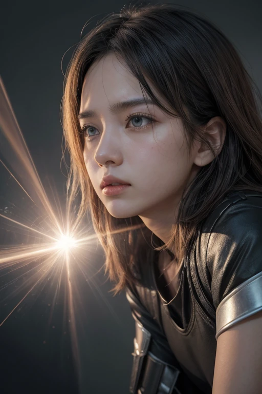 an oil painting, teens girl、profile , Look at the front,doa、fold hand with、 The background is outer space,Red Galaxy、 a closeup, hyper - realistic oil painting. masterpiece artwork.