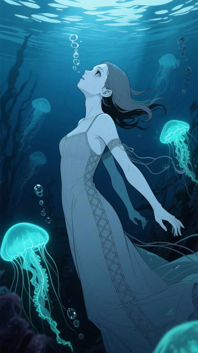 An environment with glass windows and chandelier lighting woman 25yo and Watcher in the Water creature, mythpunk style, watercolor sketch in artistic style, large strokes, finalized with ink, fine lines