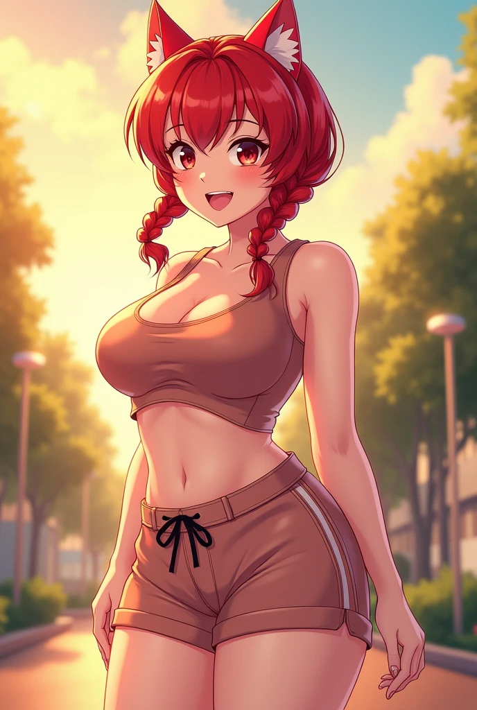 1 woman, mother, 40 years old, redhead, two pigtails, big lips, big breasts, big thighs, (brown eyes), (she wears a white, transparent sleeveless t-shirt, very tight to her body, with a large neckline, the t-shirt is she is wearing, you can see her belly, very wet), (she is wearing a mini skirt, very tight, very short, you can see her butt), (no bra, no panties), (barefoot, pretty feet), (red cheeks, evil smile, lascivious smile), (she is standing, spreading her legs wide, leaning forward), in the garden, summer evening