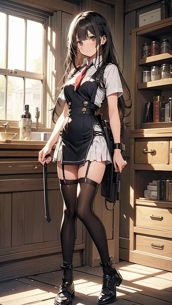 best quality, 8k, high resolution, ultra-detailed, extremely detailed, top quality, realistic, high resolution, cowboy shot, front view, assassin, looking at viewer, looking away, 1woman, maturefemale: 1.5, (long, black hair), braided, beautiful face, detailed eyes hidden behind a mask, beautiful body, toned, sleek arms, long legs in thigh-high boots, grasp, assassin holding a dagger, hidden in a maid outfit,
maid outfit, black and white, frilled sleeves, long skirt, high boots, loose hair, curled, a single braid, bodice, tight-fitting,