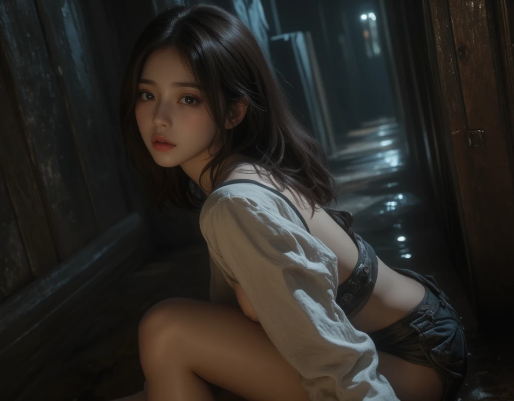 (Hyper-realistic), (Illustration), (High resolution), (8K), (Extremely detailed), (Best Illustration), Yol ( chain saw man ), (Beautiful detailed eyes), (Best Quality), (Ultra-detailed), (masutepiece), (Wallpaper), (Detailed face), Solo, Upper body, Focus on Face, 1 girl, Long Black Hair, Korean, Thin eyeshadow, A detailed eye, Brown eyes, Small moles under the eyes, very slender legs,Small breasts,Smaller chest,Black knee socks, Dynamic Pose, low illuminance, Night, Dark, Clouds, a dark night,sleeps in a bed,Happy,White panty,toppless,splashing water on the face,Splashing water on the body,Reluctant face,