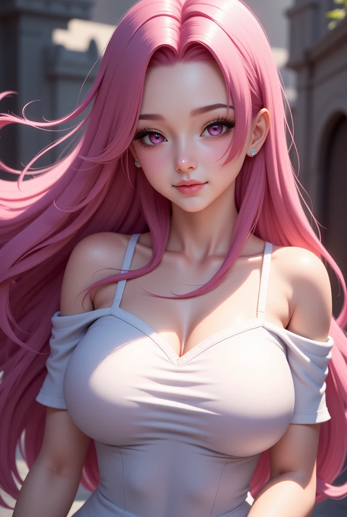 18 year old girl, point of view from her tits, front torso in foreshortened view, choker with ruby on her neck, headband in her hair, very long and curly pink hair that falls over her voluminous chest, big tits, looks askance at the viewer , very detailed eyes, blue eyes, mocking smile. With his hands he grabs her huge breasts and digs his nails into them, he squeezes her tits hard, pink painted nails, very slutty girl, giant breasts, breasts shown, tribal tattoos, NSFW, porn, vicious, shameless, very dirty image, with a sensual smile on his face