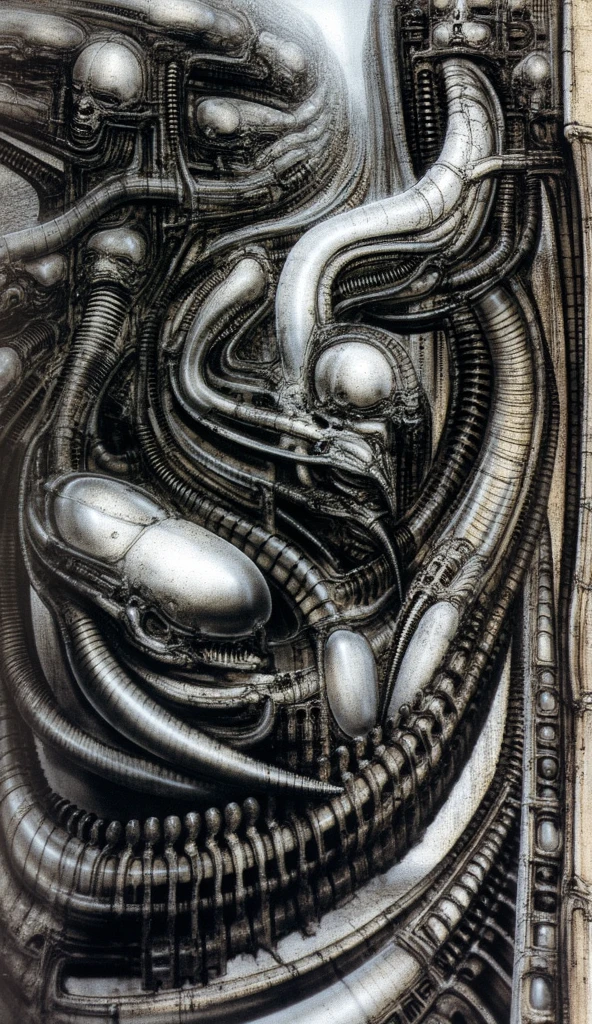 g1g3r, xGiger, The image is a detailed view of H.R. Giger's \" biomechanical landscape no 312\" plate, featuring a complex network of bones and organs in a purple-brown hue ,swirling gray and brown colors. group of alien corpses positioned in the foreground. Emaciated and skeletal, with hollow eyes, they appear to be constructed from bone and metallic elements, a characteristic fusion of organic and mechanical forms found in Giger's biomechanical art. of fossilized beings of ivorish with multiple arms and legs, resembling a group of octopi. The image depicts a complex, intricate, and detailed design that appears to be a fusion of organic and mechanical elements, with a focus on the interplay between the two.