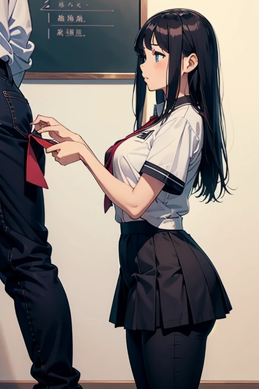 NSFW, A girl gets on all fours in front of a man'asterpiece, Best Quality, photographrealistic:1.4), (Shiny skin), (nffsw, 8K Wallpaper, High resolution), perfect anatomia, Cinematic lighting, Physically-based rendering, Award-winning, highlydetailed skin, extra detailed face, Eyes with beautiful details, Carl Zeiss 85mm F/1.4, (((1girl in and 1man, a couple, Habinan stands in front of a kneeling woman., Grab her head), Big , Girls looking forward to seeing , (Girl kneeling in front of guy:1.3), (Woman tilting her head up), Girl staring at , (1girl in: とてもかわいいsixteen years oldのアジア人の女の子, (Black semi-long hair, Bangs), medium breasts with cleavage, (View through thigh height), (hi-school girl), (Obedient language), (1girl in: 鼻red blushといたずら, eyelid, In the classroom in the middle of the night, (1man: nude, elderly and fat, Hug her head, Stand in front of her, Grab her neck), Shot from diagonally forward,Open your mouth wide、red blush、Ashamed、校服、sixteen years old、()、Open your mouth wide、(she sucks the guy'cock)(彼女は校服を着たhi-school girl)、((A dark-haired))、(Check Pleated Mini Skirt)、back lighting、anime styled