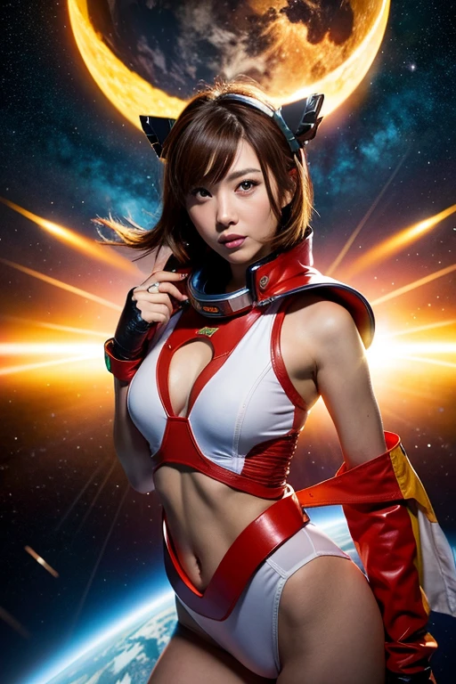 (RAW Photos, Highest quality), (Realistic, Photorealistic:1.3), 1 Girl、Realisticbody、Old shrine maiden costume、Pyramid-shaped UFO floating in space、Laser light、Looking into the camera