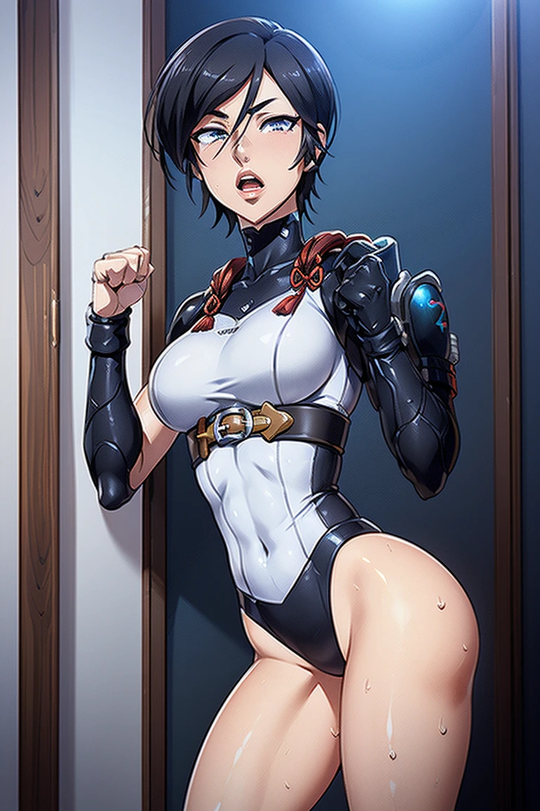 (masterpiece), best quality, expressive eyes, perfect face,kasumi shigure, expressionless,DOLLSUIT,blue tights,highleg leotard,salute,mind control,fighter,thighhighs,large thighs,