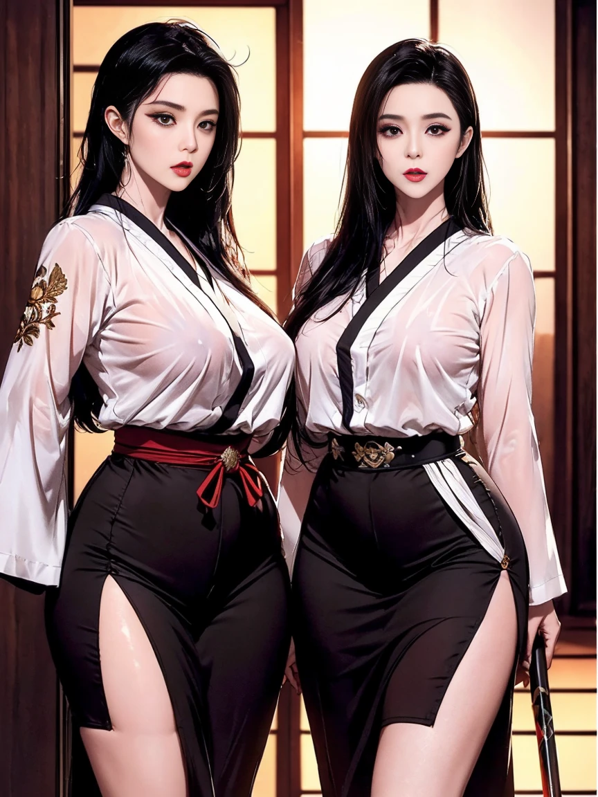 Japanese woman of a divine beauty long black hair falling to full breasts wearing transparent dress skirting the curves of her hips, full breasts, full buttocks, sensual beauty, in an oriental setting with Sakuras, high resolution 8k super realistic with highly drawn strokes, breasts larger arms back