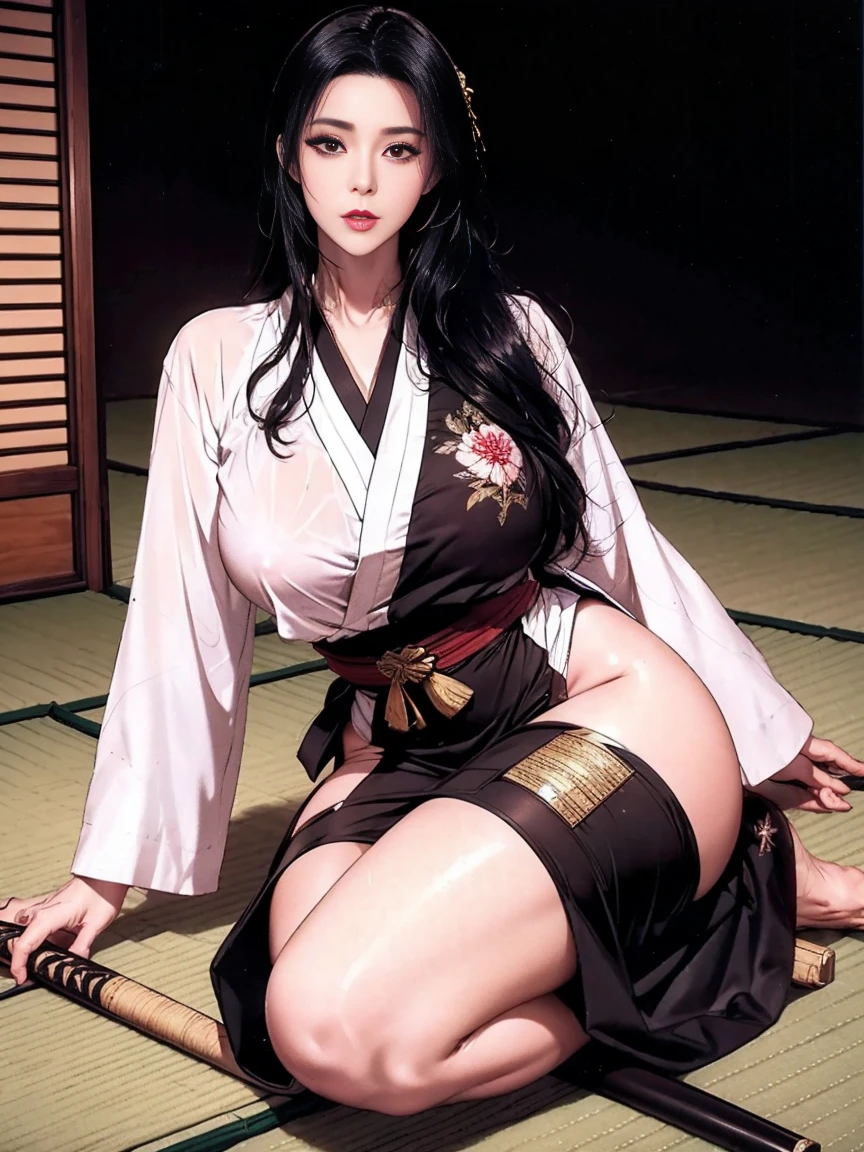 A widow in a black kimono sits sideways in a Japanese-style room with tatami flooring, exposing her voluptuous legs. She brushes back her long hair with her left hand, looks down and looks up at me with a seductive gaze., A subtle, yet chilling smile plays on her sensual lips, coated in dark lipstick. Her long, glossy black hair is tied back, framing her beautiful face with its flawless features: a perfect nose, delicate nostrils, and an ideal facial structure., Peach-like ass, deep and smooth ass crack, masterpiece, every detail is meticulously crafted to ensnare your gaze, drawing you into a world where beauty and terror blend in an unforgettable fusion., Profile, slyly look, A nasty grin, from behind