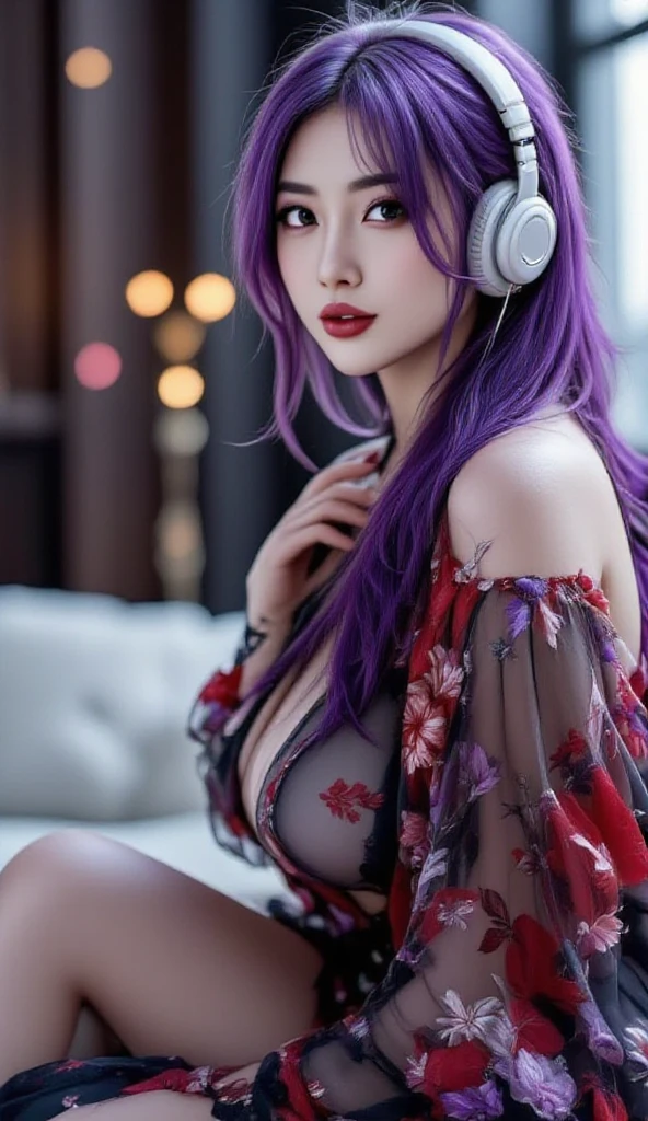1girl, beautiful face, ((white eyes)), sexy pose, Red moon in the background, stars, space, (lightroom:1.13), soft light, (natural skin texture:1.2), (Hyperrealism:1.2), sharp focus, focused,[[realistic]]Front open shirt、Jacket、G-cup bust、Reddish-purple hair、Purple bra、skirt、Glamorous figure、Big Ass、Side view、Panty shot、
