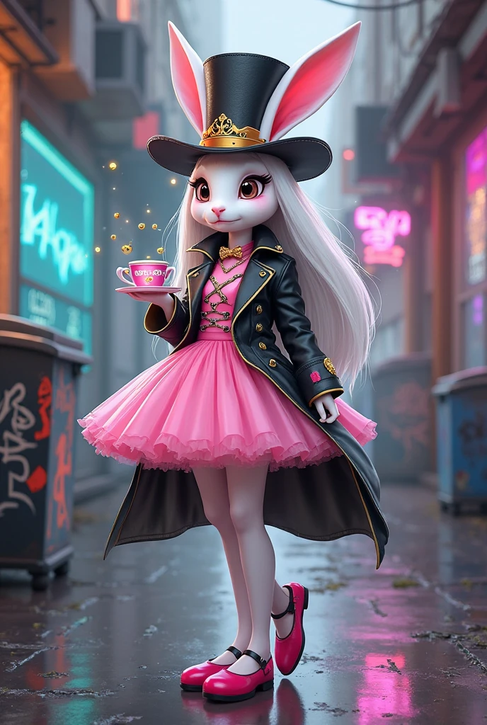 Make a rabbit with human characteristics, usando um elegante terno preto com cartola preta --auto --s2
