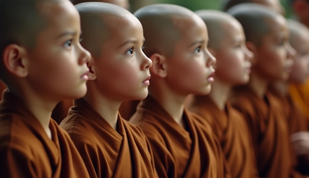 cinematic film still of <lora:Ron Fricke style:1
a group of young monks standing next to each other,looking at viewer,upper body,male focus,multiple boys,scarf,cape,6+boys,realistic,bald,fine art parody , realistic, realism, movie still, film grain, kodak film, film contrast, film color, cinematography, documentary, photography, 70 mm film, 65 mm film, Todd-AO, Todd-AO 35, 8K resolution, Ron Fricke film director style, Ron Fricke film directing style, Ron Fricke style, shallow depth of field, vignette, highly detailed, high budget, bokeh, cinemascope, moody, epic, gorgeous, film grain, grainy