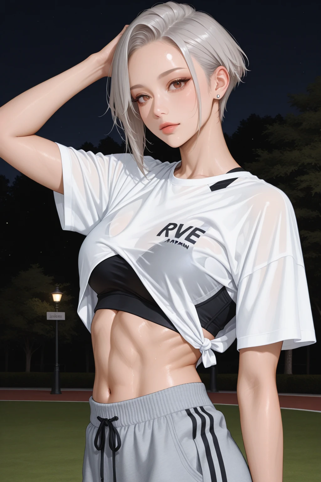 photorealistic, high resolution, 1 girl, white hair, korean, heterochromia eyes, small mole below eye, loose white shirt, gym shorts, medium chest, thicker thighs