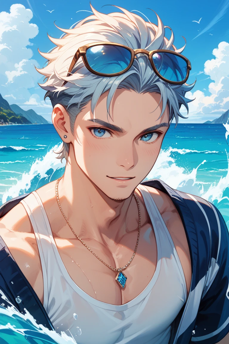 orange eyes, handsome, muscular
