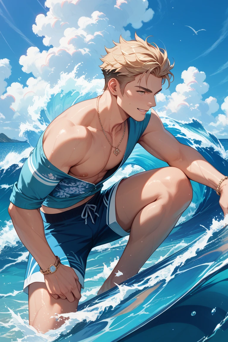 very realistic anime boy high definition a very handsome with golden hair with subtle waves blue eyes, 
He is in a surfer suit in the sea surfing