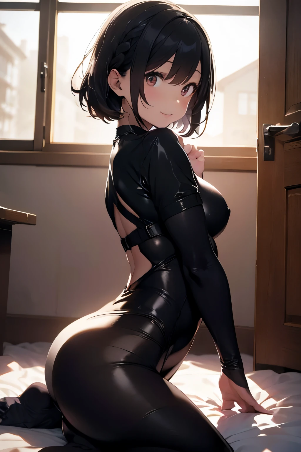 masterpiece, best quality, best lighting, shadows, portrait, perfect anatomy, bitchy, 1 girl, adult anime girl, 21 years old, bunny girl, bunny uniform, allure, erotic, mature features, pretty face, pretty lips, pretty eyes, black short hair, red eyes, seductive eyes, blushing, flirty, pretty smile, huge ass, breast, thighs, seductive, spicy, hot, flirty, nsfw,