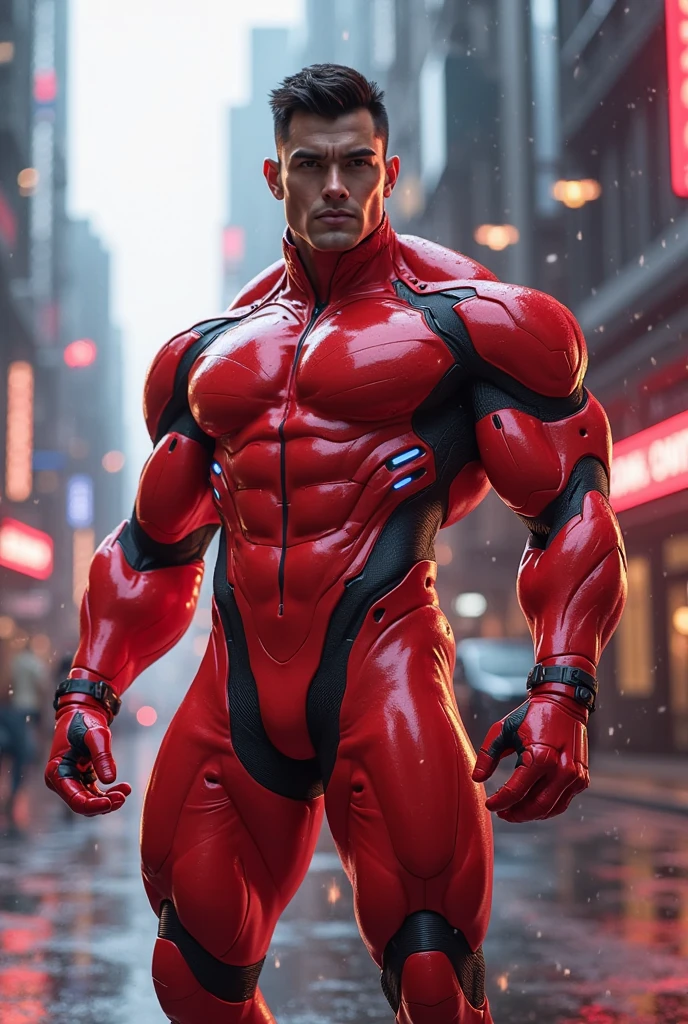 arafed man in a red and black wet suit standing in a street, huge glistening muscles, rubberhose style, superhero body, exaggerated muscle physique, rubbery-looking body, rubbery - looking body, rubber suit, muscular male hero, hard rubber chest, bulging muscles, exaggerated muscles, sci - fi armour! muscular