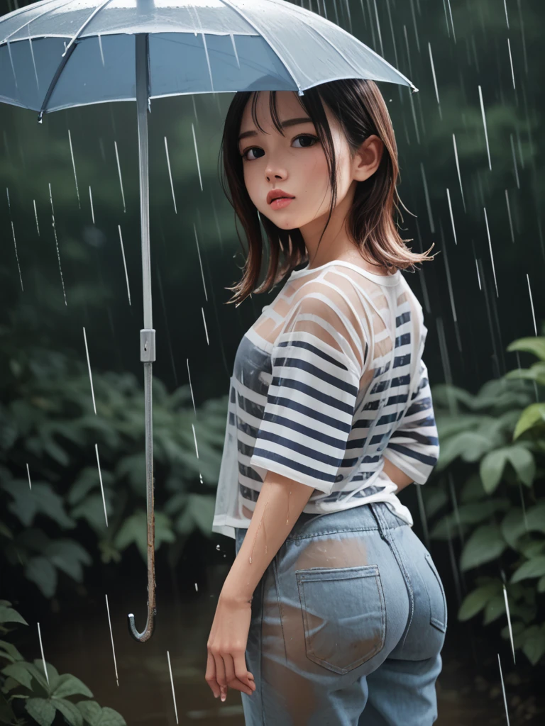 ((top-quality、in 8K、​masterpiece:1.3、Raw photo))、Super high quality photos, tropical jungle、Very beautiful Japan idols, Slim legs, ((Put your hand inside your shorts and press your crotch.))、 ((protruding  under the shirt,)), ((Camel toe))、((Put your hand inside your shorts and press your crotch.))、 The whole body is wet with sweat、Hair is also wet, Jungle background, with spreading legs、((I put my hand inside my shorts))、(Photorealistic: 1.4), (hyper realisitic: 1.4), (Realistic: 1.3), (Smooth lighting: 1.05), (Improved film illumination quality: 0. 9), 32K, 1 girl, 20yr old, ((Put your hand inside your shorts and press your crotch.))、(Quality Improvement: 1.4), (Realistic skin texture of the highest quality: 1.4), Narrow eyes, Narrow face, Fine eyes, with spreading legs、((I put my hand inside my shorts))、 (Strengthens the atmosphere of the body line: 1.1), (Beautiful skin texture enhancement: 1.1), Cinematic lighting、Hair is wet、with spreading legs、((Slip your hand inside your shorts))、(rainy wet、Wet in the rain、Wet body:1.2)、with spreading legs、((Slip your hand inside your shorts))、((Put your hand inside your shorts and press your crotch.))、