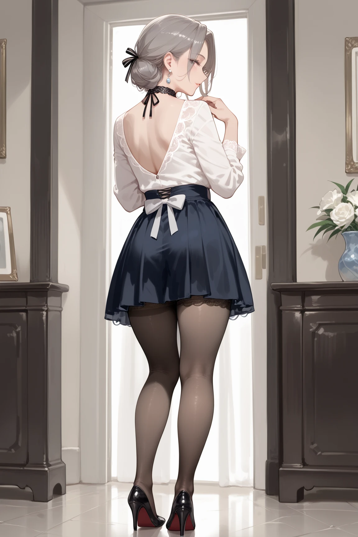 (Masterpiece), 8k wallpaper, solo, Watanabe you, game cg, beautiful detailed face and eyes, perfect anatomy, standing, lace panties, thigh highs, blush, glossy lips, looking back at viewer