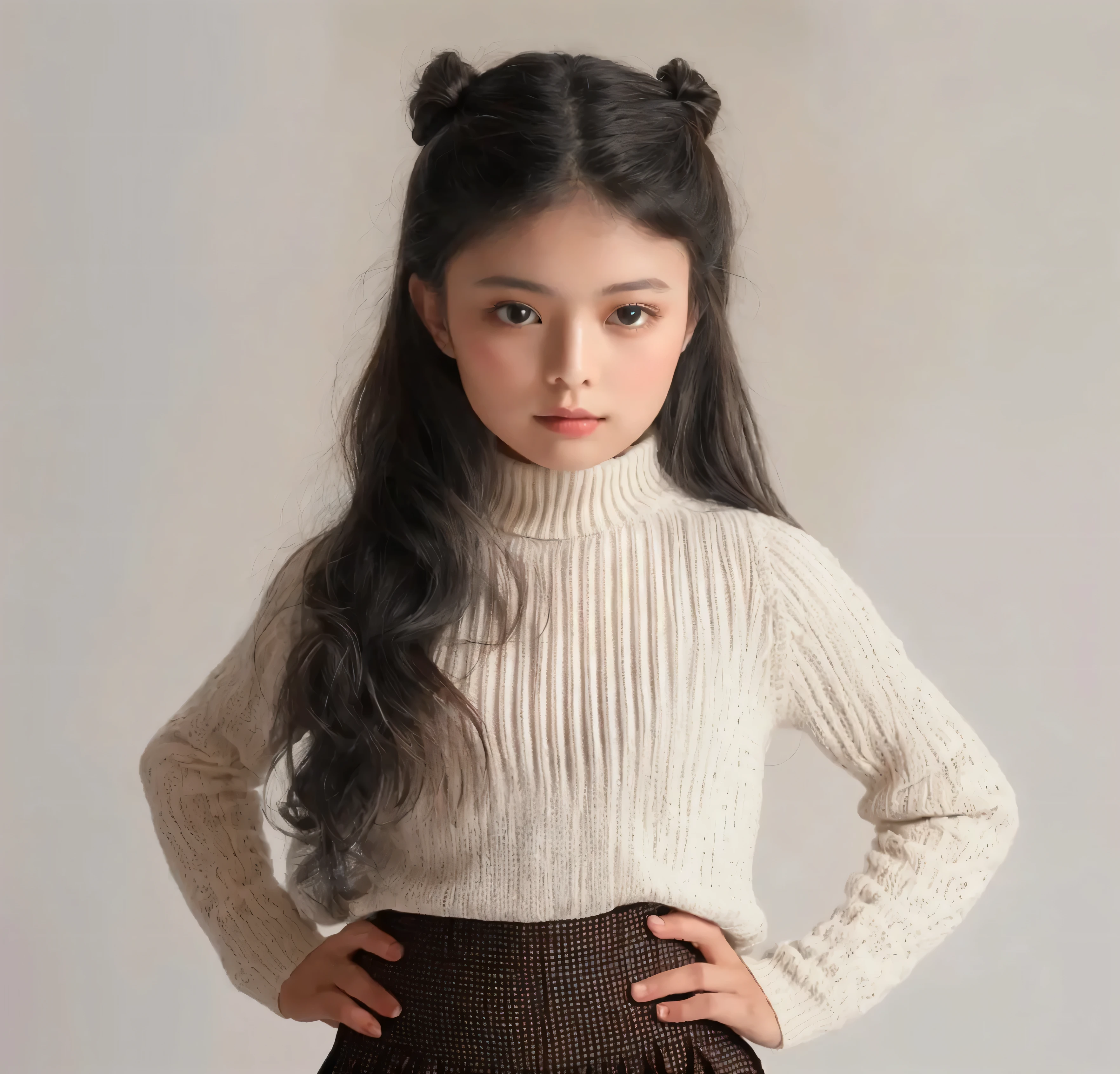 arafed girl in a white sweater and brown skirt posing for a picture, gorgeous young model, cute young girl, girl with dark brown hair, young and cute girl, young girl, beautiful young girl, beautiful girl model, young asian girl, wearing turtleneck, in white turtleneck shirt, girl with brown hair, very pretty model, cute