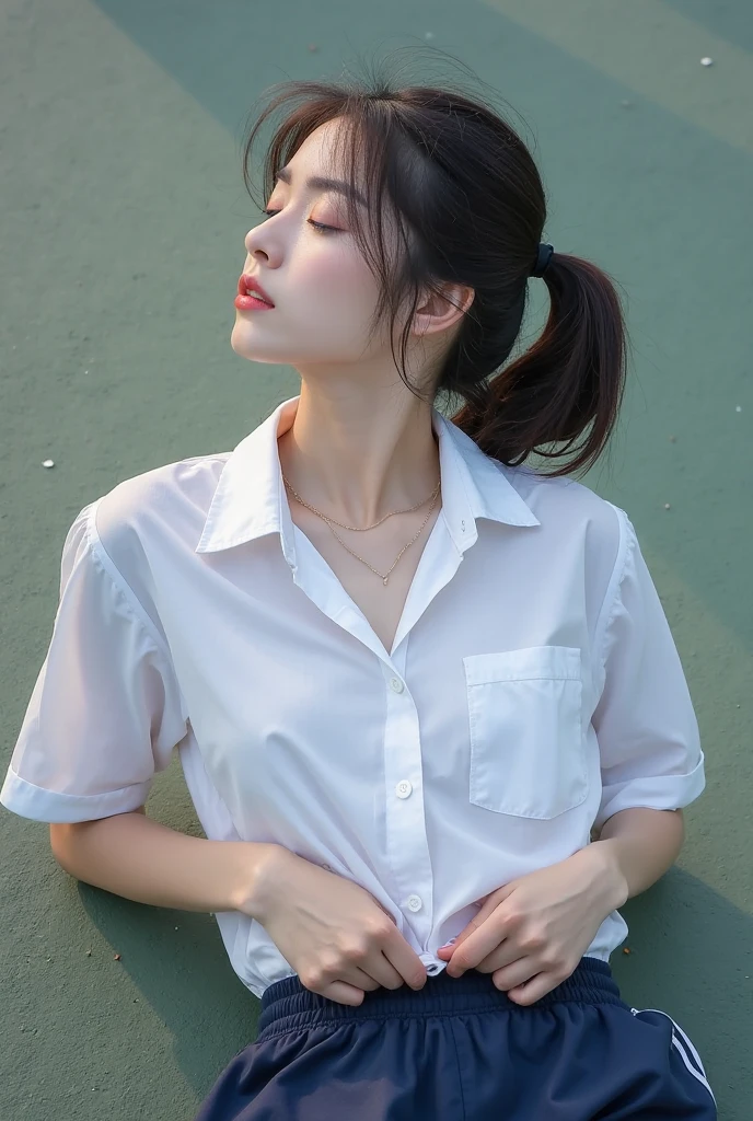 (extremely delicate and beautiful, masterpiece, Best Quality, ultra high resolution, 16k, Photorealistic, ultra-detailed, Very detailed CG 8k wallpaper, Beautiful Lighting, Perfect Lightning, Realistic Shadows, anatomically correct), (Detailed shiny skin, Latino, late 20s, (Slim body), (Slim abdomen), small head, Realistic small beautiful face, Realistic small beautiful eyes, double eyelids, eye liner, mascara, tearful mole, mole on chest), (full body shot, short wavy hair, (((huge round breasts))), cleavage, Soft midriff, Fine Collarbone, beautiful and very thin legs, beautiful and very thin thighs, bare shoulders, bare legs), from above, hands up, (((wet))), (((((dark white bronze hair))))), full-face blush, ((Korean school uniform)), (((((summer school uniform shirt)))))