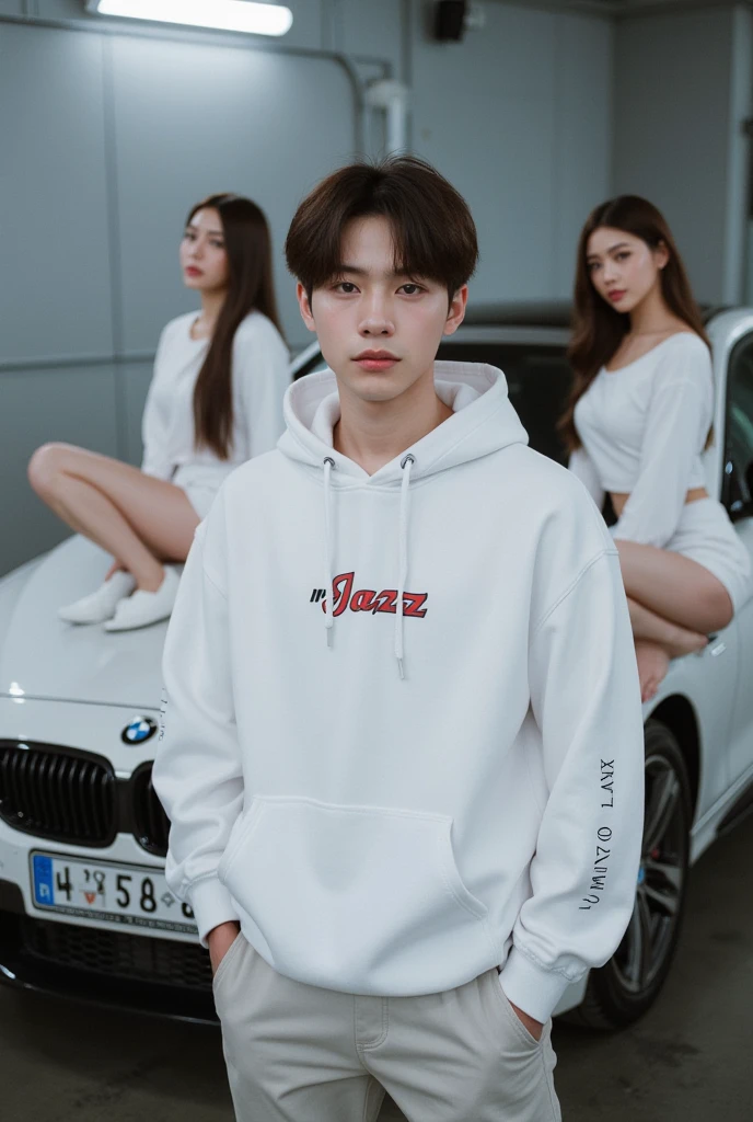 Create a young man with white sneakers, black pants and white sweatshirt with a wad of cash in his hand, anime style with a sports car behind 