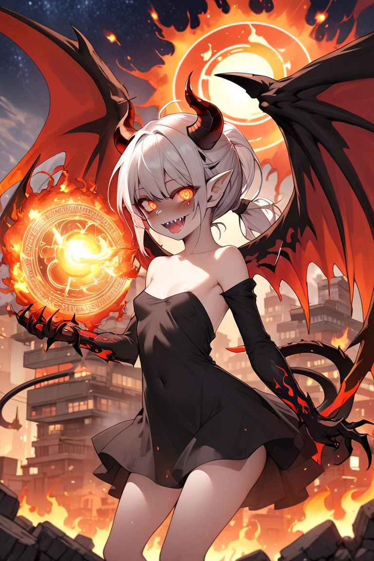 Masterpiece, ultra detailed, best quality, illustration, cinematic lights,dark ,dark ambient , no humans , demon , laughing , portal from hell in background , full body , horns , fire demon , devil