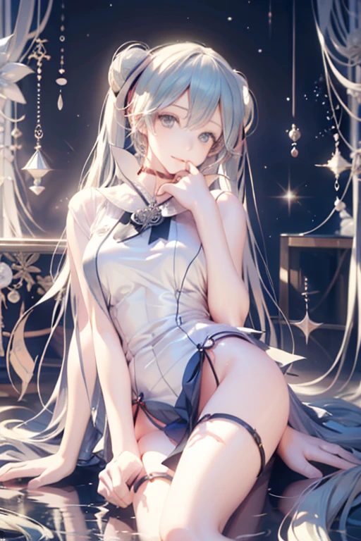 ((Highest quality)), ((masterpiece)), ((Very detailed)), (cool),優しい感じの黒色の髪の身長が165cmくらいのcool女性，A woman with a cute smile wearing a transparent blue waifus with a cute patterned hood and bare shoulders, alone, Cute attitude,(background(bright)，Long Hair - Straight，Knee-high socks、A transparent blue veil with a cute pattern and white hood with off-the-shoulder sleeves，White wall、Sitting、Facing the viewer、