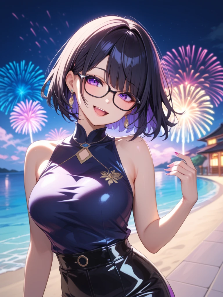 Beautiful ager, 1girl, purple hair, messy bun, blue eyes, freckles, smiling, thin frame eyeglasses, thick lips, full lips, gigantic breasts, extreme cleavage, deep cleavage, thin body, off-shoulder kimono, strapless, no bra, perfect anatomy, ultra-detailed, 4k, 8k, best quality, masterpiece, model, modeling, posing for camera, festival background, night, stars in the sky, fireworks