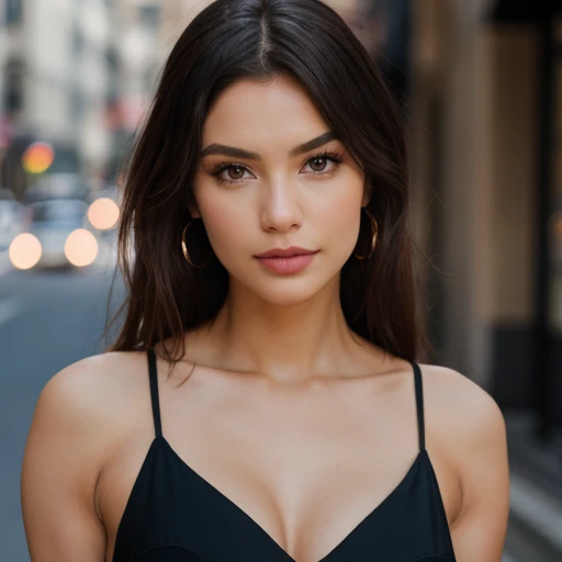 photography of a stunning girl, in the city, wearing a black top, enjoying, girl, summer, hot girl, (((very heavy bust))), brunette hair, long_hair, looks into the camera,smile on the face, symmetrical face, photorealistic, photography, spectacular lighting,, gorgeous, cleavage, western, (masterpice), best quality, high resolution, extremely detailed, skin with pores, blurred background, depth of field, cinematic lighting