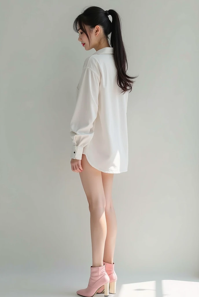 Woman, redhead, high heels, skinny jeans, white blouse, standing in bathtub, partially wet