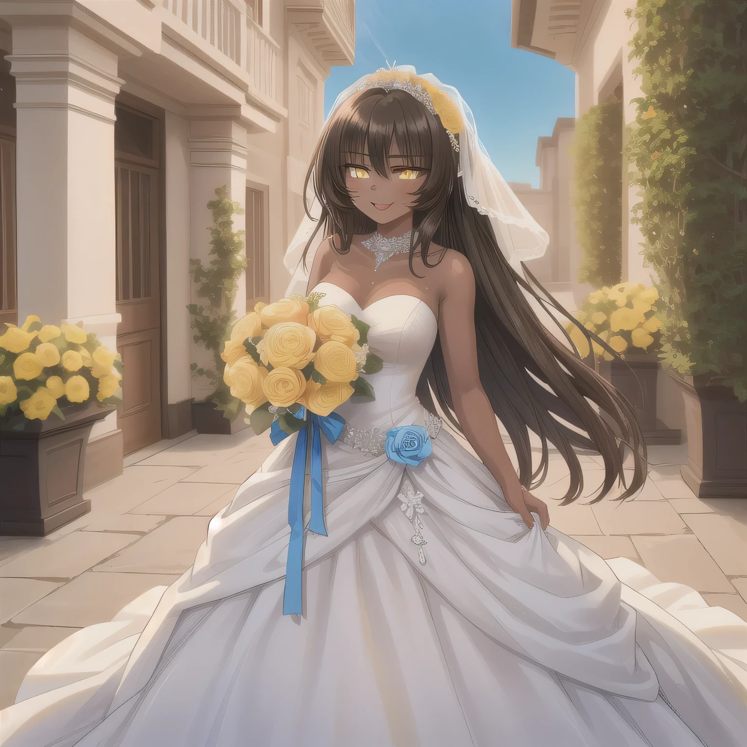 A breathtakingly beautiful 20-year-old woman stands in the courtyard of a luxurious mansion beneath a clear blue sky. She wears a white and blue wedding dress, holding a red bouquet gracefully in front of her chest. Her radiant smile and joyful expression exude pure happiness. Dark Hair, Black Skin, Brown Skin Female, Long Hair, (Yellow Eyes:1.5).
