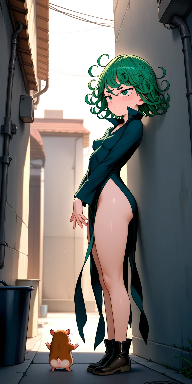 (masterpiece, best quality:1.2), cowboy shot, solo, 1girl, tatsumaki, lustful, closed mouth, looking at the viewer, ass, wide hips, black dress, blue sky, clouds, erotica