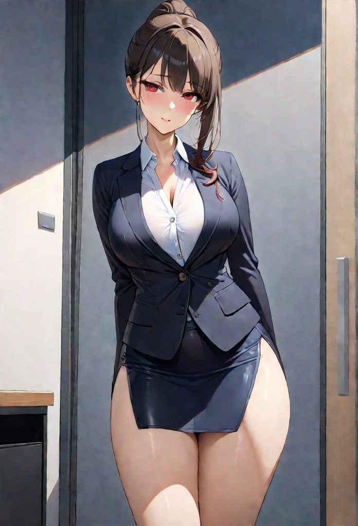 ((1 girl))、((hands on hips:1.2))、((Standing in honor, open legs:1.2))、((elaborate eyes:1.2))、((glaring face:1.2))、((huge breasts:1.3))、large hip、office lady、Pencil skirt、eyewear、((full body))、((Looking down here:1.2)) 、(((from below:1.1)))、masterpiece、best quality、high resolution、digital illustration