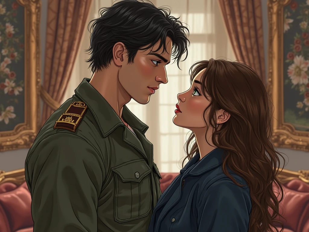 manhwa, a domineering military man is holding a sickly male scientist in his arms, male-male love, BL, handsome, bright