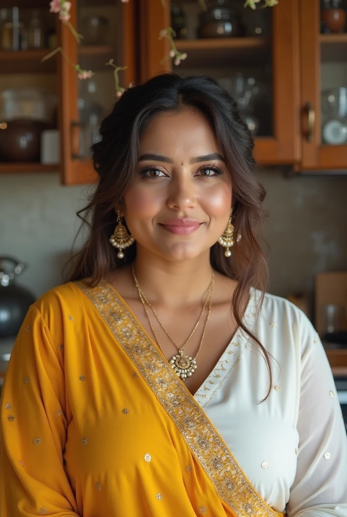hires close up photo of a woman, shsr,realistic skin texture, looking looking at camera, full sleeve, smiling,indian interior background