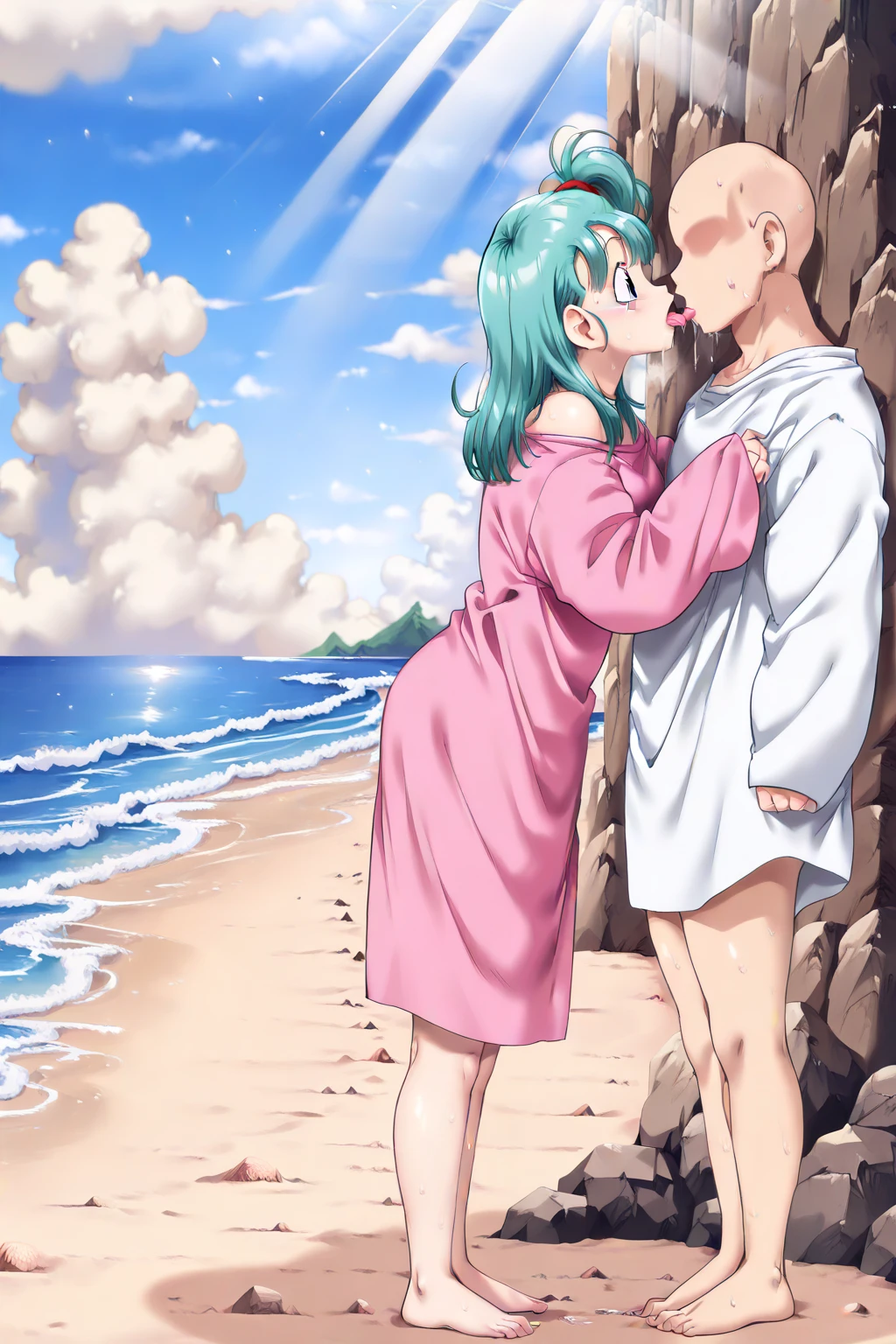 (score_9,score_8_superior,score_7_superior,),2people(Beautiful super busty sister,Ahegao,smile,Breast shaking)Completely naked,View Viewer,barefoot,2 feet,Depth of written boundary,Subjective,Beach,2people(Shota small short penis,Head held down with both hands in doggy style position,Satisfied face,Hip swinging vaginal ejaculation),